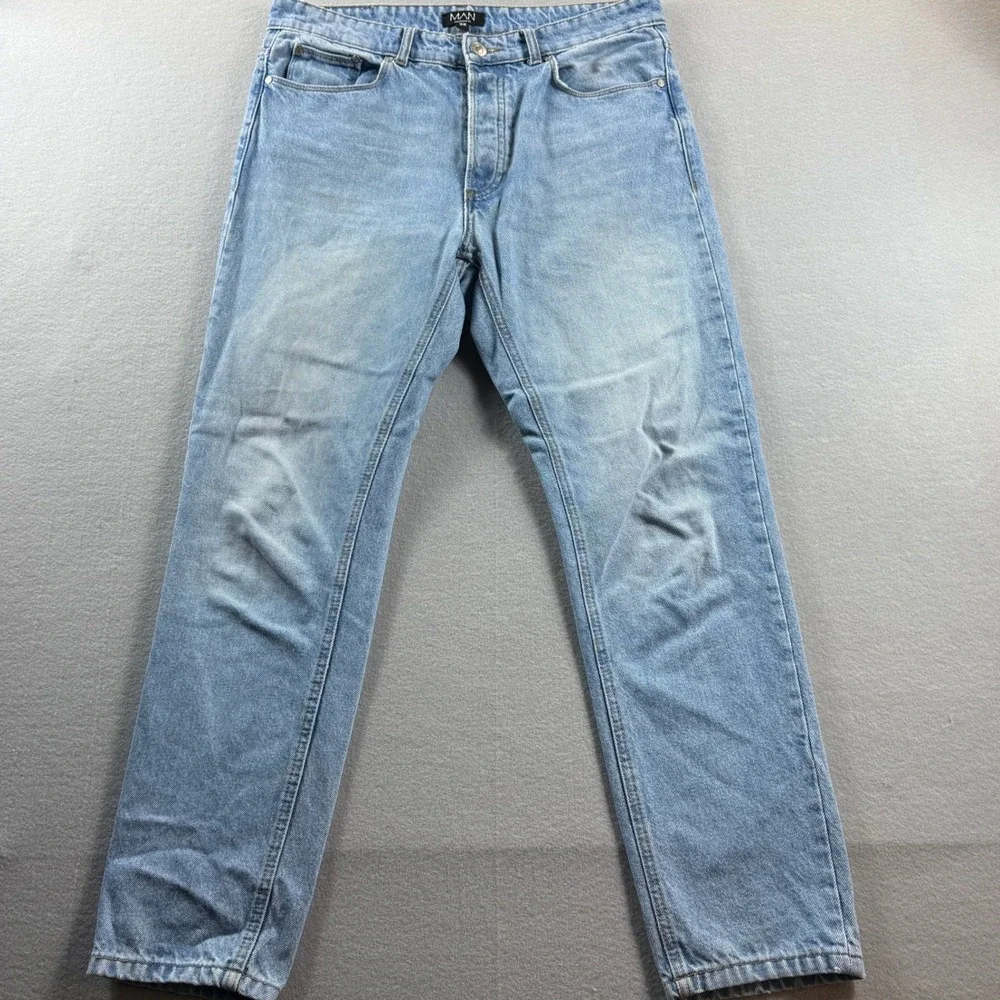 boohooMAN Jeans Mens 32x28‎ Light Blue Straight Leg Denim